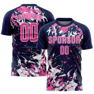 Maillot de football personnalisé bleu marine rose et blanc par sublimation