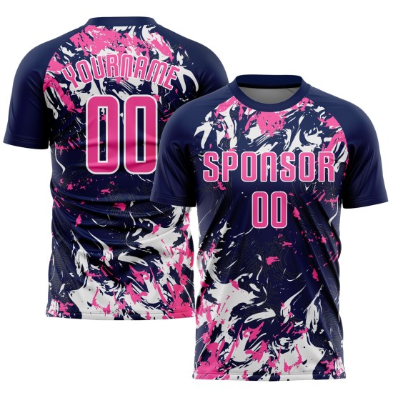 Maillot de football personnalisé bleu marine rose et blanc par sublimation Maillot de football personnalisé bleu marine rose et blanc par sublimation
