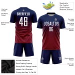 Maillot de football personnalisé à sublimation bleu marine, blanc et cramoisi Maillot de football personnalisé à sublimation bleu marine, blanc et cramoisi