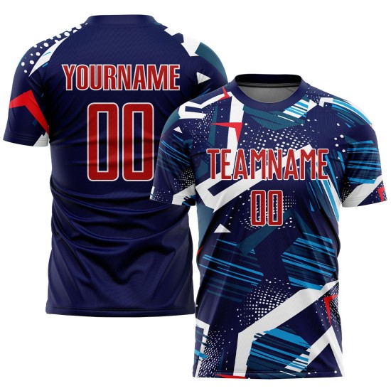 Maillot de football personnalisé bleu marine, rouge et blanc, sublimé Maillot de football personnalisé bleu marine, rouge et blanc, sublimé