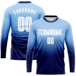 Maillot de football personnalisé à manches longues, bleu clair, blanc et bleu marine, imprimé par sublimation Maillot de football personnalisé à manches longues, bleu clair, blanc et bleu marine, imprimé par sublimation