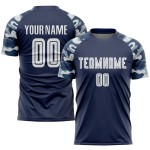 Maillot de football personnalisé à sublimation, bleu marine, blanc et camouflage Maillot de football personnalisé à sublimation, bleu marine, blanc et camouflage