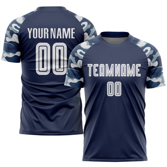 Maillot de football personnalisé à sublimation, bleu marine, blanc et camouflage Maillot de football personnalisé à sublimation, bleu marine, blanc et camouflage