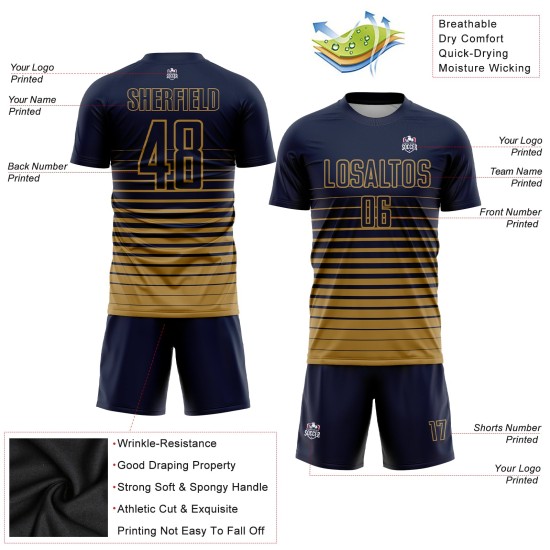 Maillot de football personnalisé à rayures bleu marine et or vieilli, imprimé par sublimation Maillot de football personnalisé à rayures bleu marine et or vieilli, imprimé par sublimation