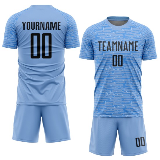 Maillot de football personnalisé bleu clair et noir par sublimation Maillot de football personnalisé bleu clair et noir par sublimation