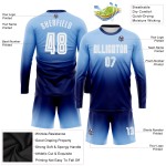 Maillot de football personnalisé à manches longues, bleu clair, blanc et bleu marine, imprimé par sublimation Maillot de football personnalisé à manches longues, bleu clair, blanc et bleu marine, imprimé par sublimation
