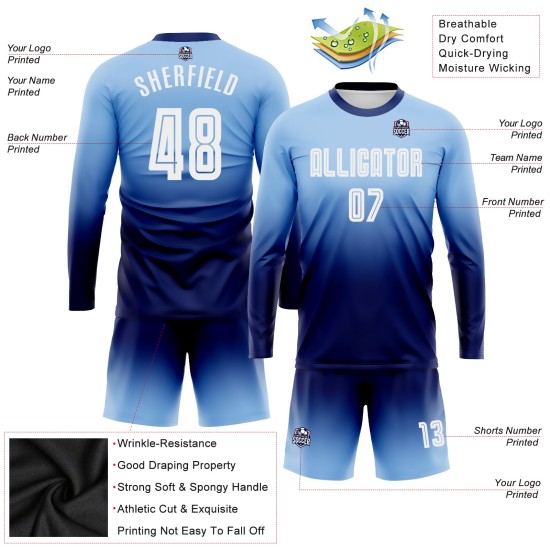 Maillot de football personnalisé à manches longues, bleu clair, blanc et bleu marine, imprimé par sublimation Maillot de football personnalisé à manches longues, bleu clair, blanc et bleu marine, imprimé par sublimation