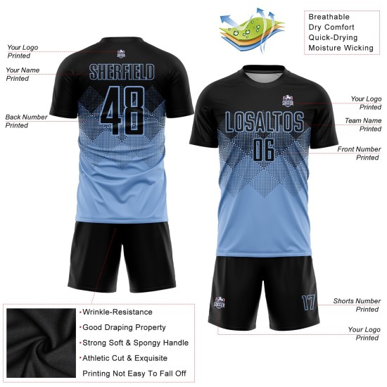 Maillot de football personnalisé bleu clair et noir par sublimation Maillot de football personnalisé bleu clair et noir par sublimation