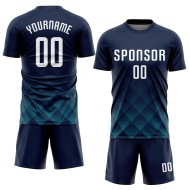 Maillot de football personnalisé à sublimation bleu marine, blanc et bleu sarcelle Maillot de football personnalisé à sublimation bleu marine, blanc et bleu sarcelle