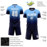 Maillot de football personnalisé bleu clair, blanc et bleu marine, imprimé par sublimation Maillot de football personnalisé bleu clair, blanc et bleu marine, imprimé par sublimation