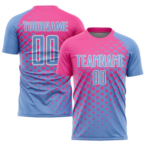 Maillot de football personnalisé bleu clair, rose et blanc, sublimé Maillot de football personnalisé bleu clair, rose et blanc, sublimé