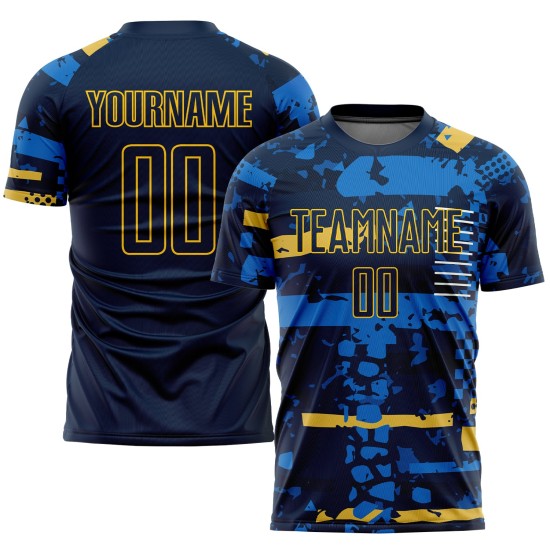 Maillot de football personnalisé bleu marine et or par sublimation Maillot de football personnalisé bleu marine et or par sublimation
