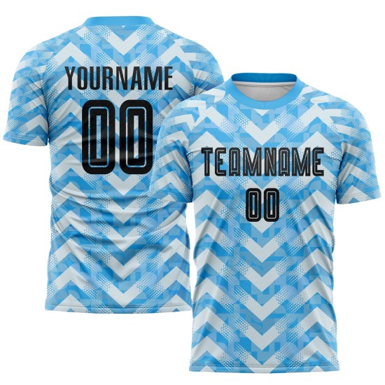 Maillot de football personnalisé à domicile, bleu clair, noir et blanc, sublimation Maillot de football personnalisé à domicile, bleu clair, noir et blanc, sublimation