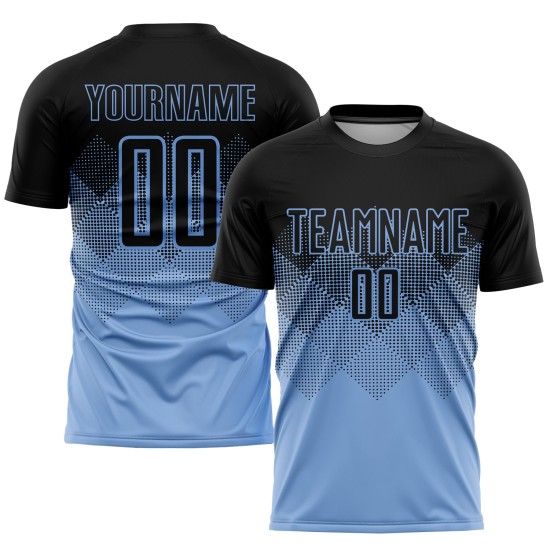 Maillot de football personnalisé bleu clair et noir par sublimation Maillot de football personnalisé bleu clair et noir par sublimation