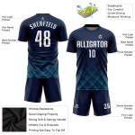 Maillot de football personnalisé à sublimation bleu marine, blanc et bleu sarcelle Maillot de football personnalisé à sublimation bleu marine, blanc et bleu sarcelle