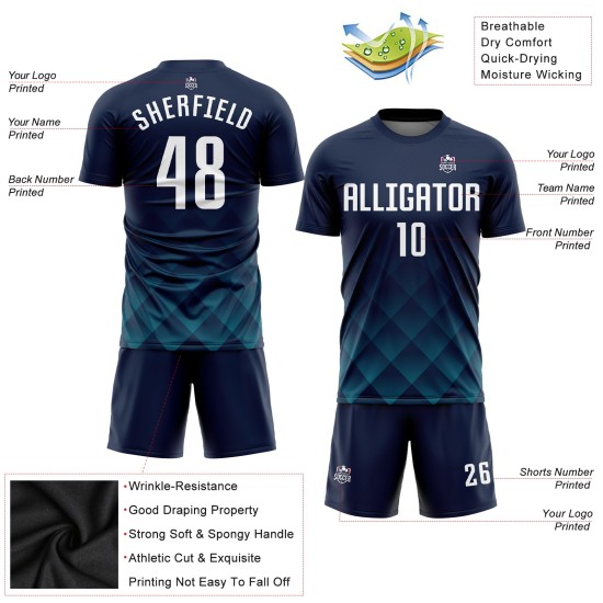 Maillot de football personnalisé à sublimation bleu marine, blanc et bleu sarcelle Maillot de football personnalisé à sublimation bleu marine, blanc et bleu sarcelle