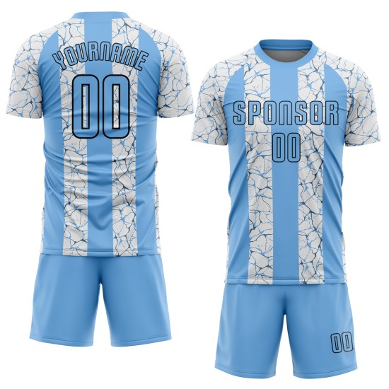 Maillot de football personnalisé bleu clair, noir et blanc, sublimé Maillot de football personnalisé bleu clair, noir et blanc, sublimé