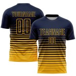 Maillot de football personnalisé à rayures bleu marine et dorées, imprimé par sublimation Maillot de football personnalisé à rayures bleu marine et dorées, imprimé par sublimation