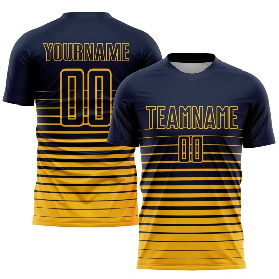 Maillot de football personnalisé à rayures bleu marine et dorées, imprimé par sublimation Maillot de football personnalisé à rayures bleu marine et dorées, imprimé par sublimation