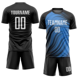 Maillot de football personnalisé bleu clair, blanc et noir, sublimation