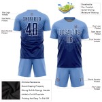 Maillot de football personnalisé bleu clair, bleu marine et blanc, sublimé Maillot de football personnalisé bleu clair, bleu marine et blanc, sublimé