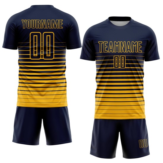 Maillot de football personnalisé à rayures bleu marine et dorées, imprimé par sublimation Maillot de football personnalisé à rayures bleu marine et dorées, imprimé par sublimation