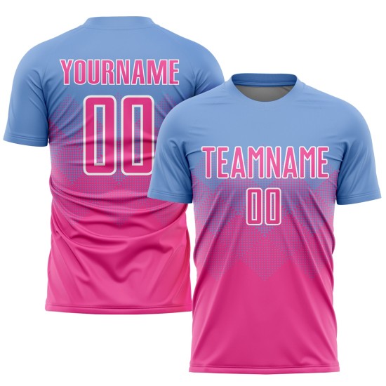 Maillot de football personnalisé bleu clair, rose et blanc, sublimé Maillot de football personnalisé bleu clair, rose et blanc, sublimé