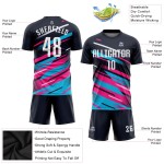 Maillot de football personnalisé à sublimation bleu marine, blanc, rose et bleu clair Maillot de football personnalisé à sublimation bleu marine, blanc, rose et bleu clair