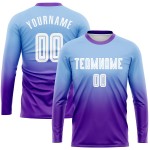 Maillot de football personnalisé à manches longues, bleu clair, blanc et violet, imprimé par sublimation Maillot de football personnalisé à manches longues, bleu clair, blanc et violet, imprimé par sublimation