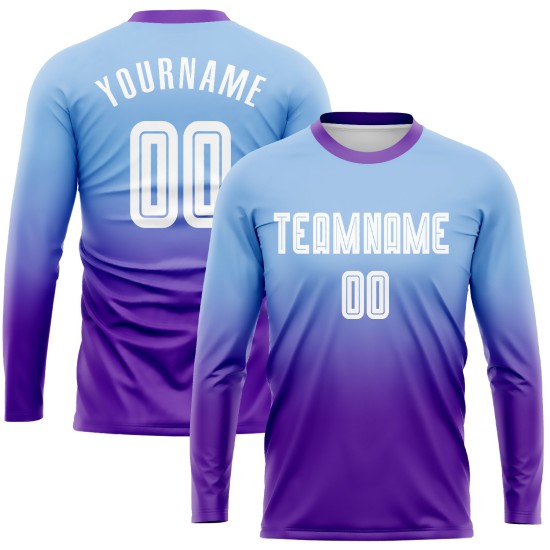 Maillot de football personnalisé à manches longues, bleu clair, blanc et violet, imprimé par sublimation Maillot de football personnalisé à manches longues, bleu clair, blanc et violet, imprimé par sublimation