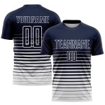 Maillot de football personnalisé à rayures blanches et bleues, imprimé par sublimation Maillot de football personnalisé à rayures blanches et bleues, imprimé par sublimation