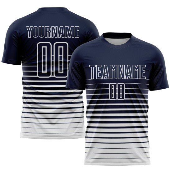 Maillot de football personnalisé à rayures blanches et bleues, imprimé par sublimation Maillot de football personnalisé à rayures blanches et bleues, imprimé par sublimation