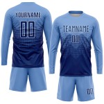 Maillot de football personnalisé bleu clair, bleu marine et blanc, sublimé Maillot de football personnalisé bleu clair, bleu marine et blanc, sublimé