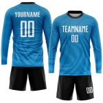 Maillot de football personnalisé bleu clair, blanc et noir, sublimation Maillot de football personnalisé bleu clair, blanc et noir, sublimation