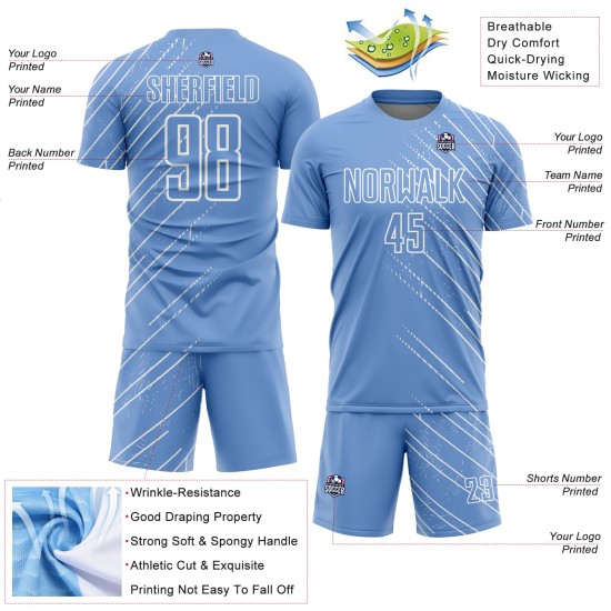 Maillot de football personnalisé à sublimation bleu clair et blanc Maillot de football personnalisé à sublimation bleu clair et blanc