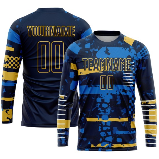 Maillot de football personnalisé bleu marine et or par sublimation Maillot de football personnalisé bleu marine et or par sublimation