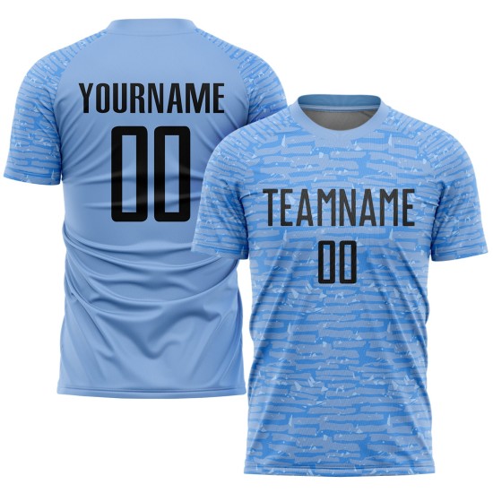 Maillot de football personnalisé bleu clair et noir par sublimation Maillot de football personnalisé bleu clair et noir par sublimation