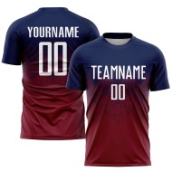 Maillot de football personnalisé à sublimation bleu marine, blanc et cramoisi