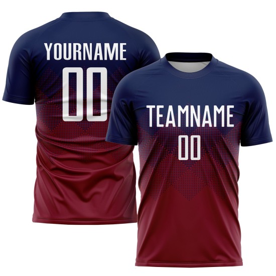 Maillot de football personnalisé à sublimation bleu marine, blanc et cramoisi Maillot de football personnalisé à sublimation bleu marine, blanc et cramoisi