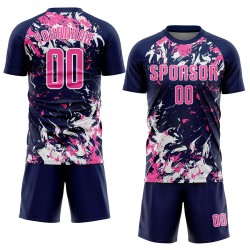 Maillot de football personnalisé bleu marine rose et blanc par sublimation