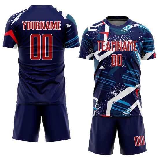 Maillot de football personnalisé bleu marine, rouge et blanc, sublimé Maillot de football personnalisé bleu marine, rouge et blanc, sublimé