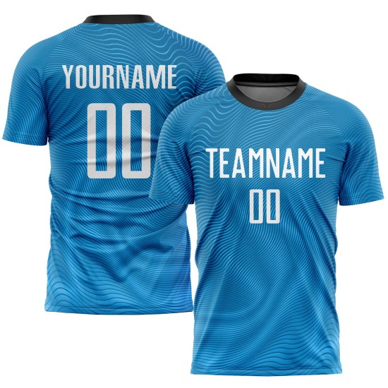 Maillot de football personnalisé bleu clair, blanc et noir, sublimation Maillot de football personnalisé bleu clair, blanc et noir, sublimation