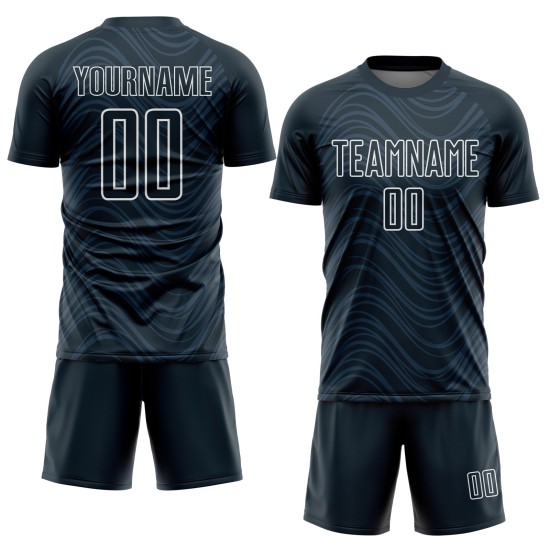 Maillot de football personnalisé à sublimation avec lignes ondulées blanches marine Maillot de football personnalisé à sublimation avec lignes ondulées blanches marine