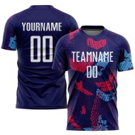Maillot de football personnalisé à sublimation bleu marine, blanc et bleu clair