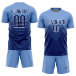 Maillot de football personnalisé bleu clair, bleu marine et blanc, sublimé Maillot de football personnalisé bleu clair, bleu marine et blanc, sublimé