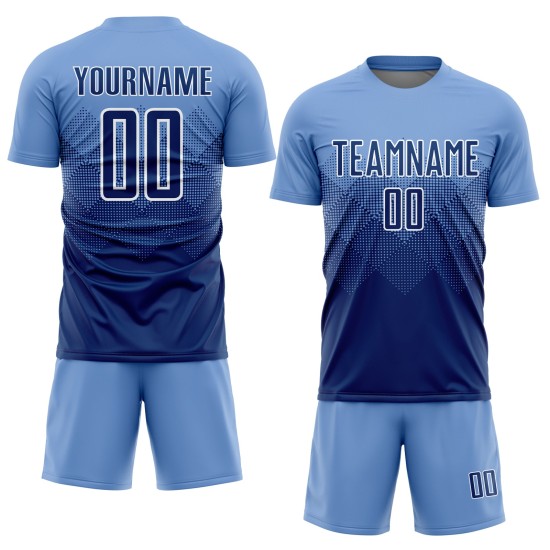 Maillot de football personnalisé bleu clair, bleu marine et blanc, sublimé Maillot de football personnalisé bleu clair, bleu marine et blanc, sublimé