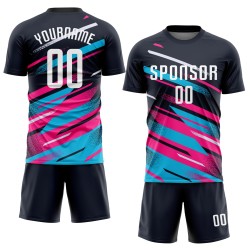 Maillot de football personnalisé à sublimation bleu marine, blanc, rose et bleu clair
