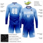 Maillot de football personnalisé à manches longues, bleu clair, blanc et royal, par sublimation Maillot de football personnalisé à manches longues, bleu clair, blanc et royal, par sublimation