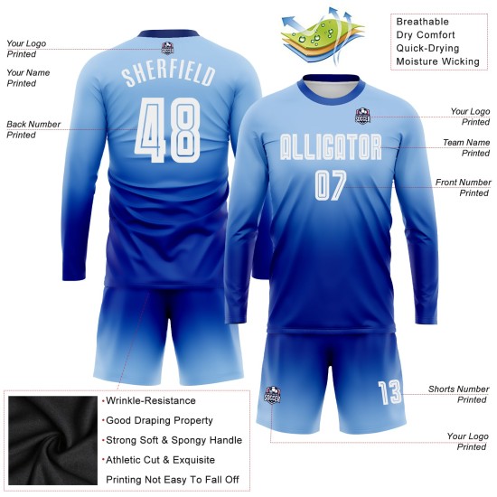 Maillot de football personnalisé à manches longues, bleu clair, blanc et royal, par sublimation Maillot de football personnalisé à manches longues, bleu clair, blanc et royal, par sublimation