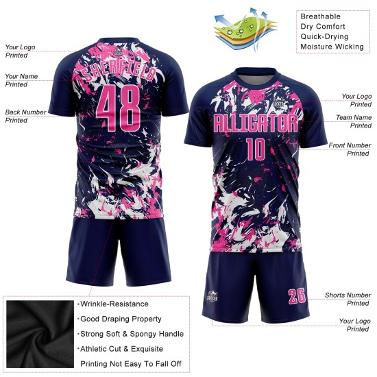 Maillot de football personnalisé bleu marine rose et blanc par sublimation Maillot de football personnalisé bleu marine rose et blanc par sublimation